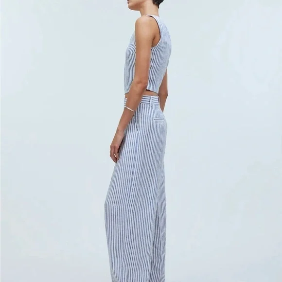 Madewell The Harlow Wide-Leg Pant in 100% Linen White/Blue Stripes Size 8 NWT